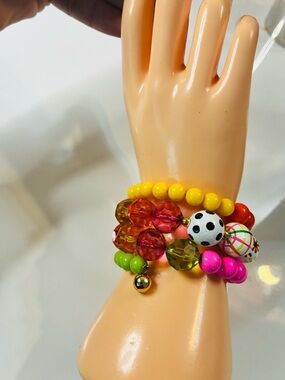 Colorful Beaded Wire Bracelet Stack - Yellow, Orange, Pink, Green & Gold EUC